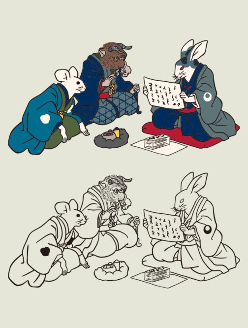 Ukiyoe z antropomorficznym królikiem, krową i myszą / Utagawa Yoshifuji