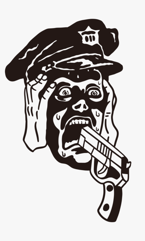 Polizei wird mit vorgehaltener Waffe festgehalten / Illustration