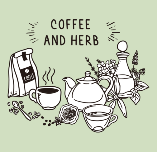 Hand-drawn illustration of coffee and herbal tea set