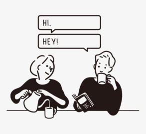 Mannen en vrouwen begroeten elkaar met een drankje / illustratie, vector