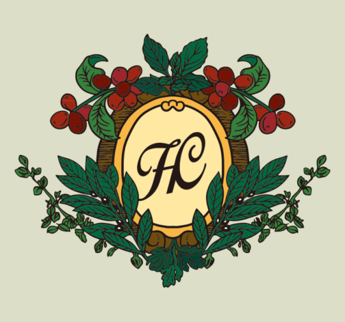 Emblema de café y hierbas.
