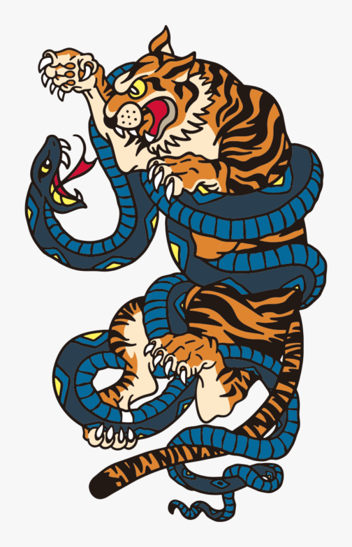 Erbitterter Kampf zwischen Tiger und Schlange / Illustration
