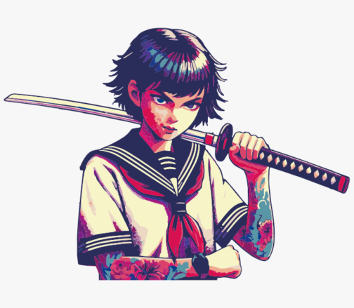 जापानी तलवार और हाई स्कूल की लड़की / चित्रण