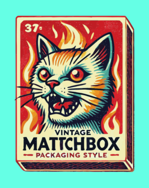 Retro stijl boze kat luciferdoosje illustratie