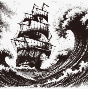 Sailing ship in the raging sea / illustration