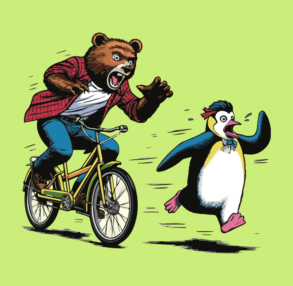 Pingwin ścigany przez niedźwiedzia na rowerze / ilustracja