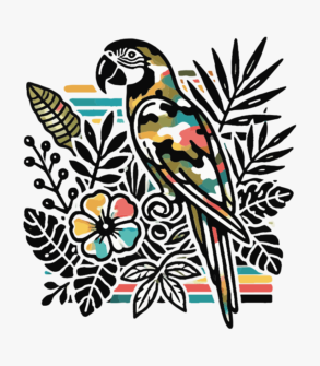 Camouflage-Papagei- und Pflanzendesign-Illustration