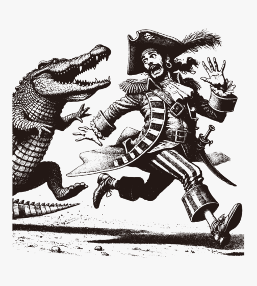 Blackbeard Pirate is being chased by a crocodile / illustration