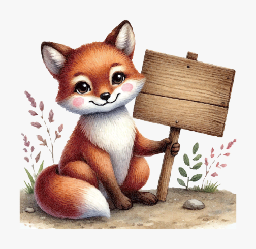 Uma raposa fofa a segurar uma placa/ilustração