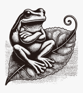 Illustration of a frog thinking on a leaf
